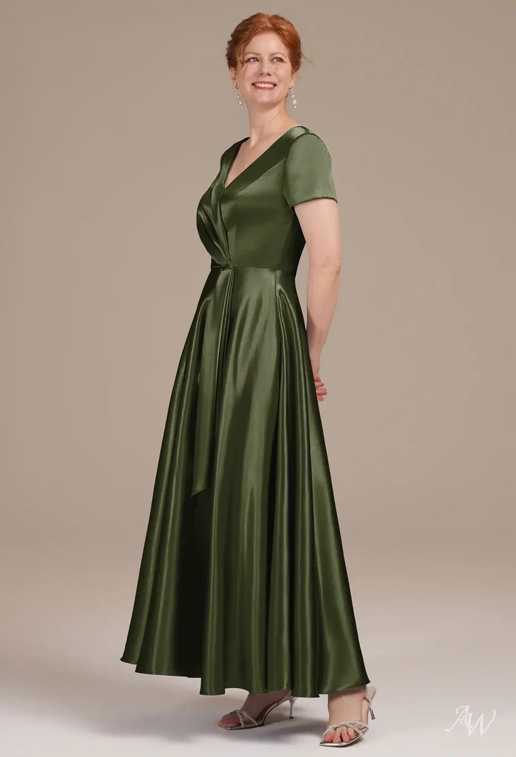 AW Omukama Dress, Dusty Blue Crystal Satin Ankle Length V-Neck